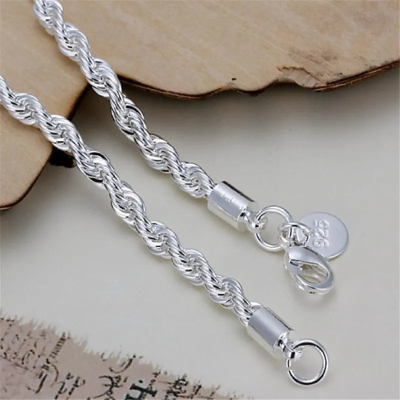 Silver 4MM Women Men chain Male Twisted Rope Bracelets