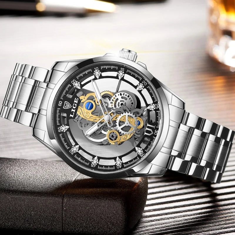 LIGE Men's Wrist Watch Skeleton Hollow Mens Watches