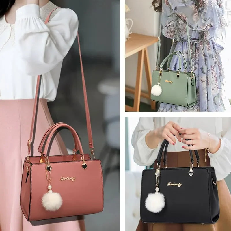 Women Plush Ball Decor Handbag Fashion Satchel Bag