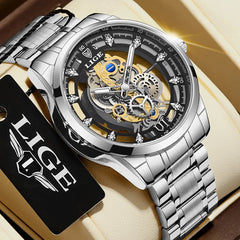 LIGE Men's Wrist Watch Skeleton Hollow Mens Watches